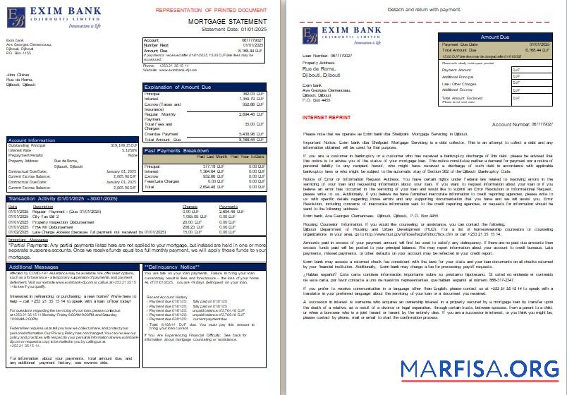 Printable Djibouti Exim bank mortgage statement, 3 pages, 1 2 scr sample
